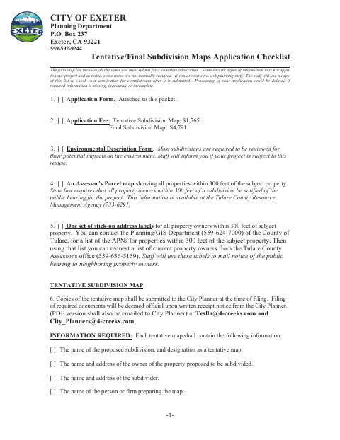 First page of the Tentative/Final Subdivision Maps Application Checklist
