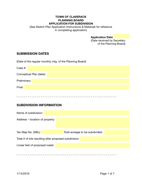 First page of the Application for Subdivision