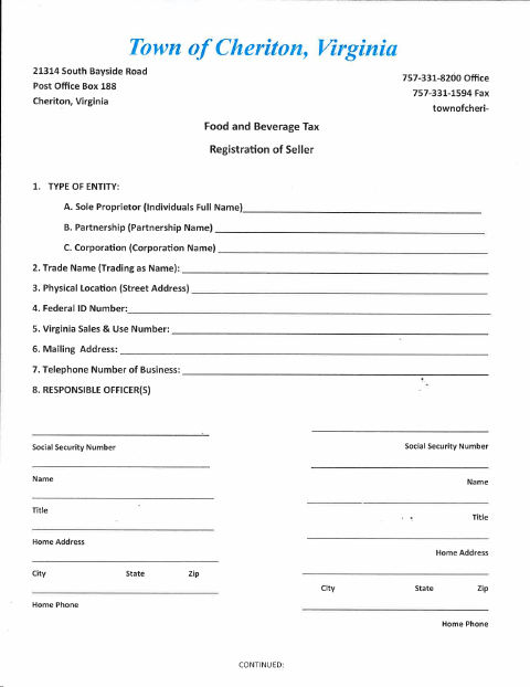 First page of the Food and Beverage Tax Registration of Seller
