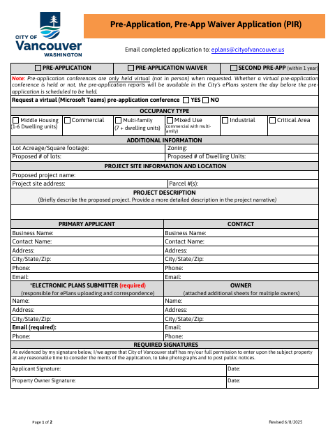 First page of the Pre-Application and Pre-App Waiver Application