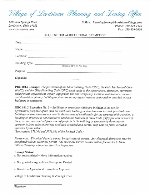 First page of the Request for Agricultural Exemption