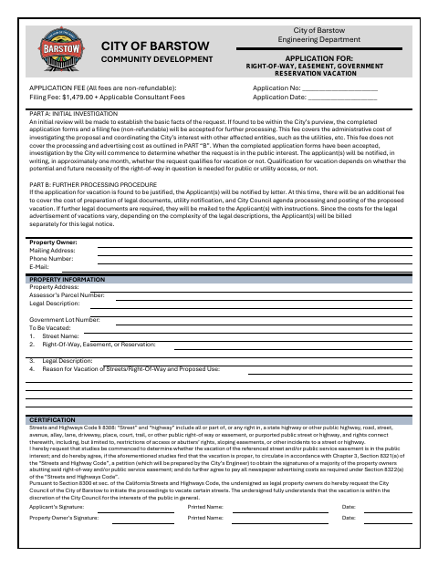 First page of the Right-Of-Way, Easement, Government Reservation Vacation