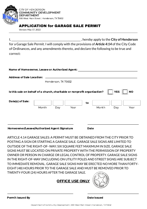 First page of the Garage Sale Permit Application