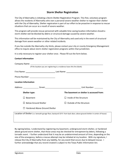 First page of the Storm Shelter Registration