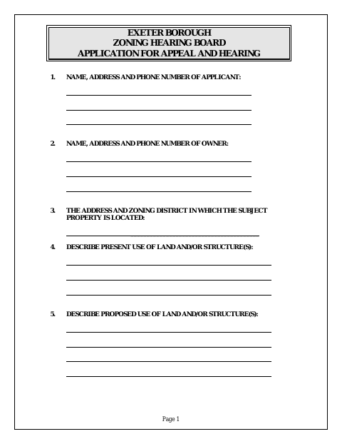 First page of the Zoning Hearing Board Application for Appeal and Hearing