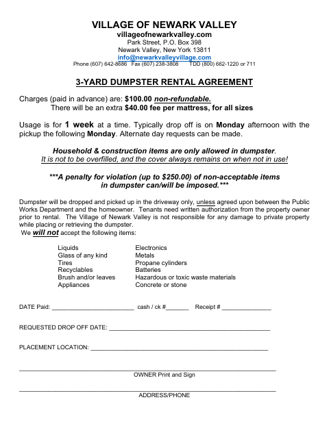 First page of the 3-Yard Dumpster Rental Agreement