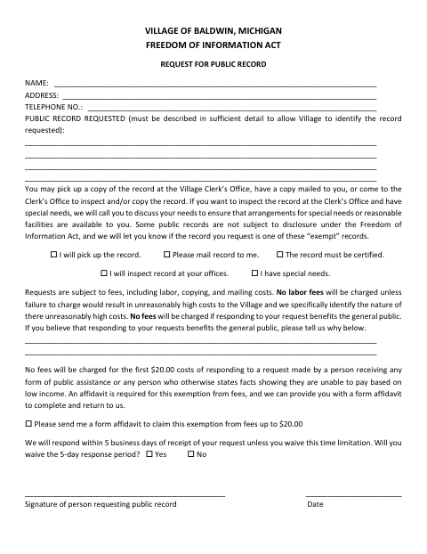 First page of the Freedom of Information Act Request for Public Record