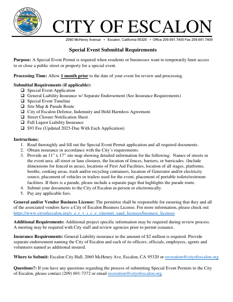 First page of the Special Event Application