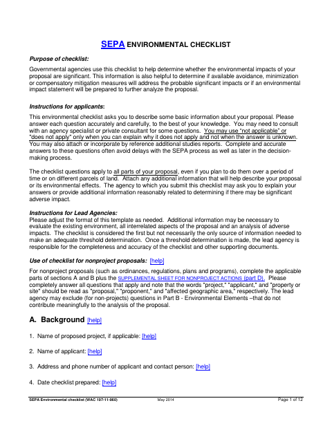 First page of the SEPA Environmental Checklist