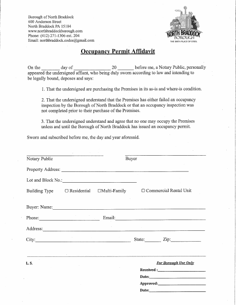 First page of the Occupancy Permit Affidavit