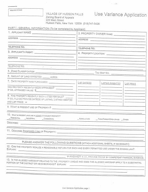 First page of the Use Variance Application