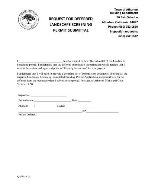 First page of the Request for Deferred Landscape Screening Permit Submittal