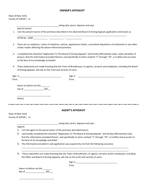 First page of the Owner’s Affidavit and Agent’s Affidavit