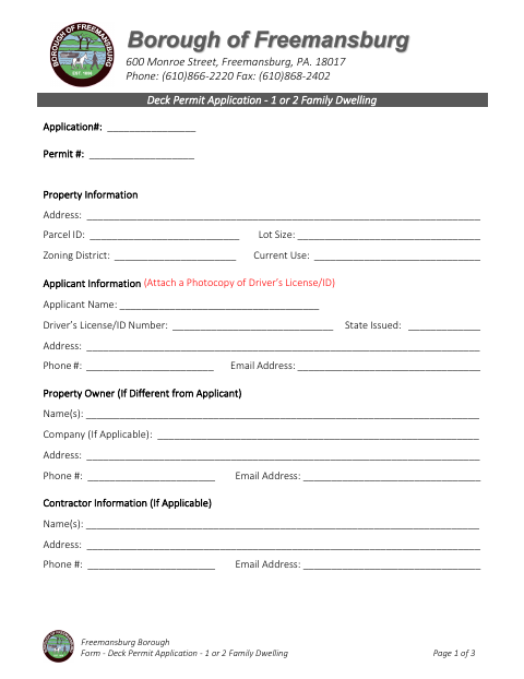 First page of the Deck Permit Application – 1 or 2 Family Dwelling