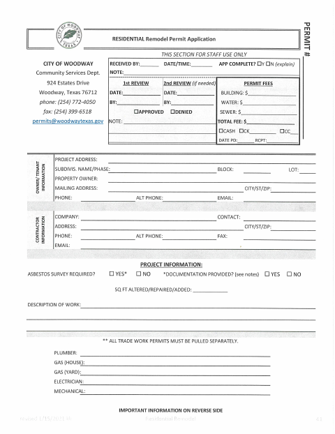 First page of the Residential Remodel Permit Application