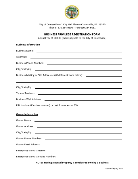 First page of the Business Privilege Registration Form