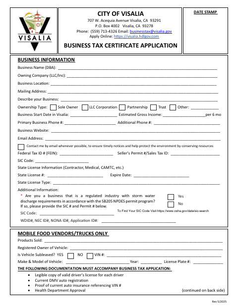 First page of the Business Tax Certificate Application