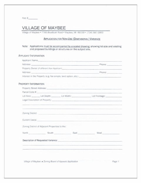 First page of the Application for Non-Use (Dimensional) Variance
