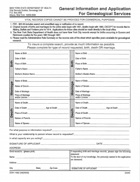First page of the Application for Genealogical Services