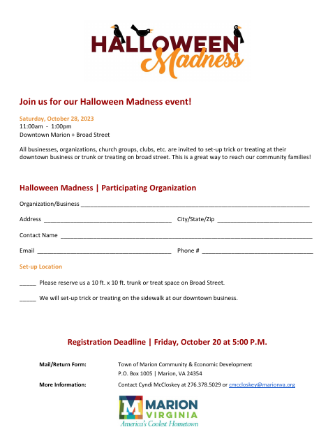 First page of the Halloween Madness Participating Organization