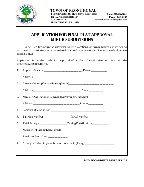 First page of the Application for Final Plat Approval Minor Subdivisions