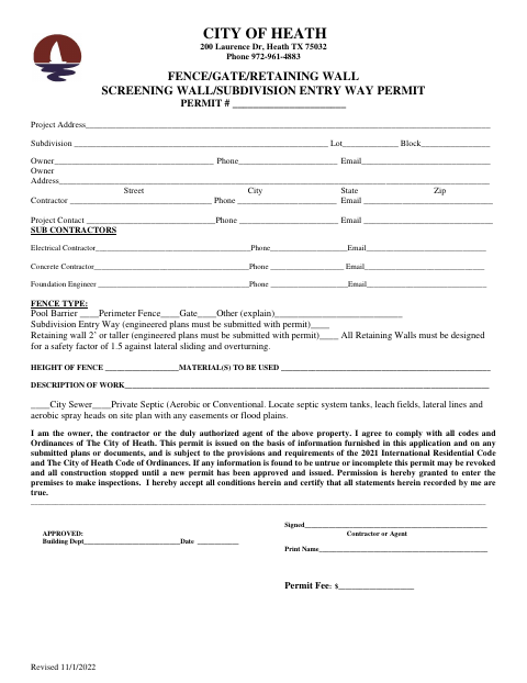 First page of the Fence/Gate/Retaining Wall Screening Wall/Subdivision Entry Way Permit