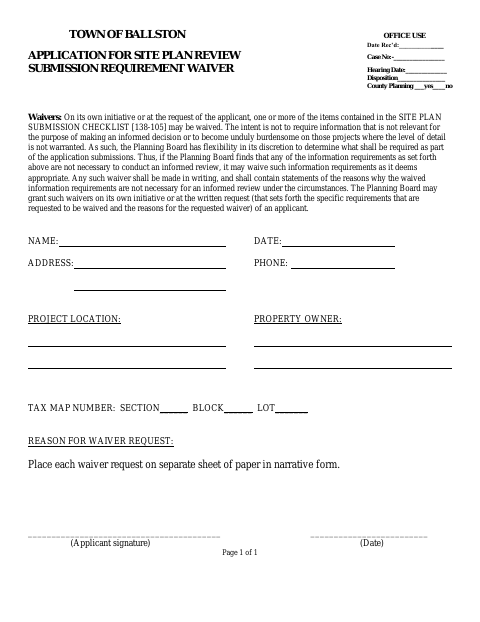 First page of the Application for Site Plan Review Submission Requirement Waiver