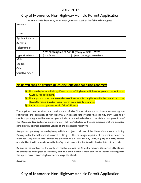 First page of the Non-Highway Vehicle Permit Application