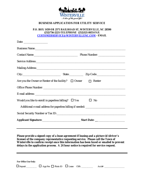 First page of the Business Application for Utility Service