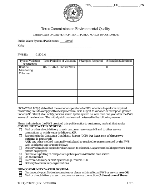 First page of the Certificate of Delivery of Tier III Public Notice to Customers