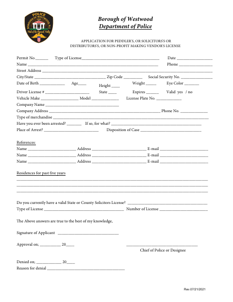 First page of the Peddler’s, Solicitor’s, Distributor’s, or Nonprofit Vendor’s License Application