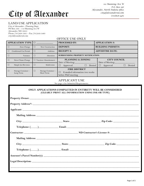 First page of the Land Use Application
