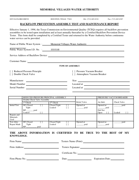 First page of the Backflow Prevention Assembly Test and Maintenance Report