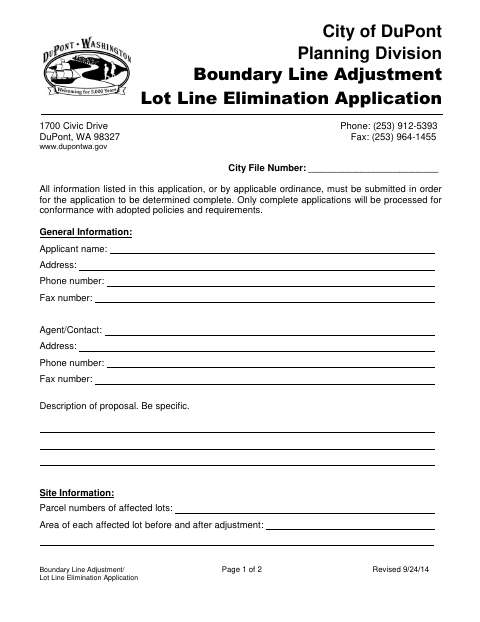 First page of the Boundary Line Adjustment/Lot Line Elimination Application