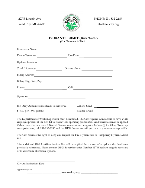 First page of the Hydrant Permit (Bulk Water)