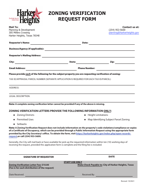 First page of the Zoning Verification Request Form