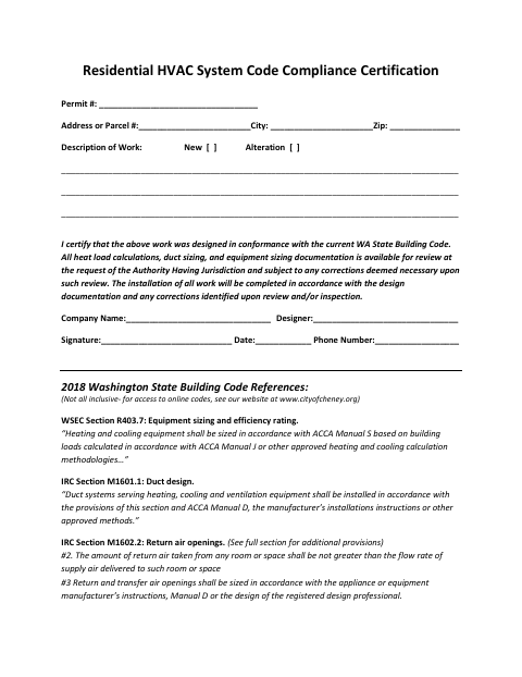 First page of the Residential HVAC System Code Compliance Certification