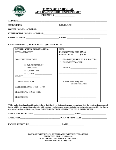 First page of the Application for Fence Permit