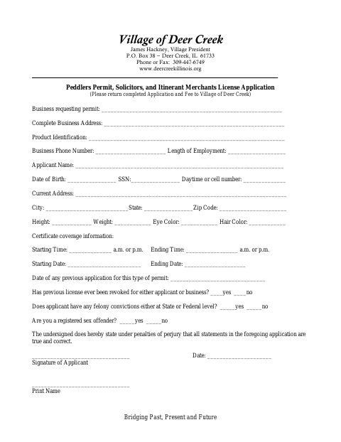First page of the Peddlers Permit, Solicitors, and Itinerant Merchants License Application
