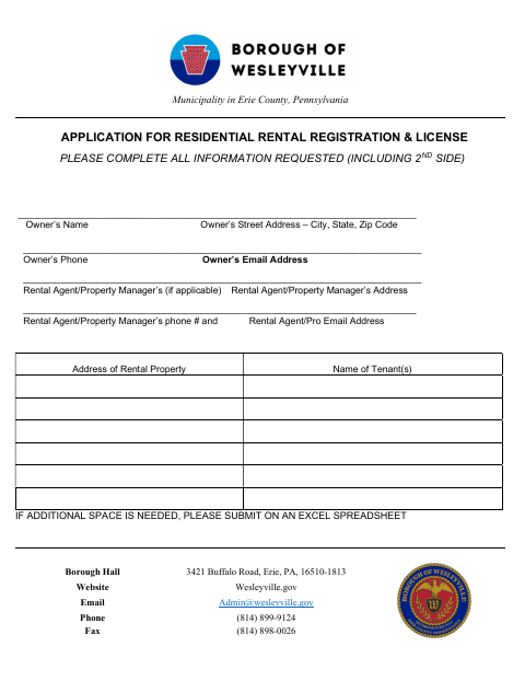 First page of the Application for Residential Rental Registration & License