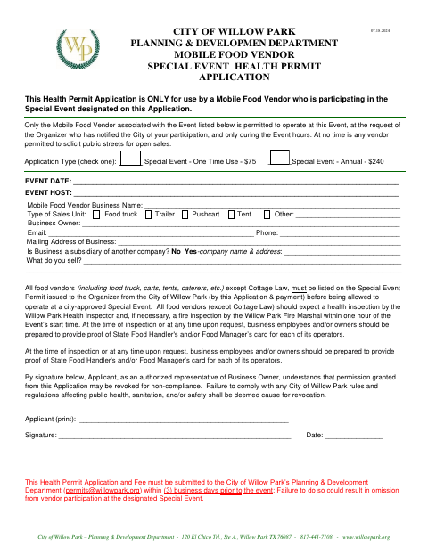 First page of the Mobile Food Vendor Special Event Health Permit Application