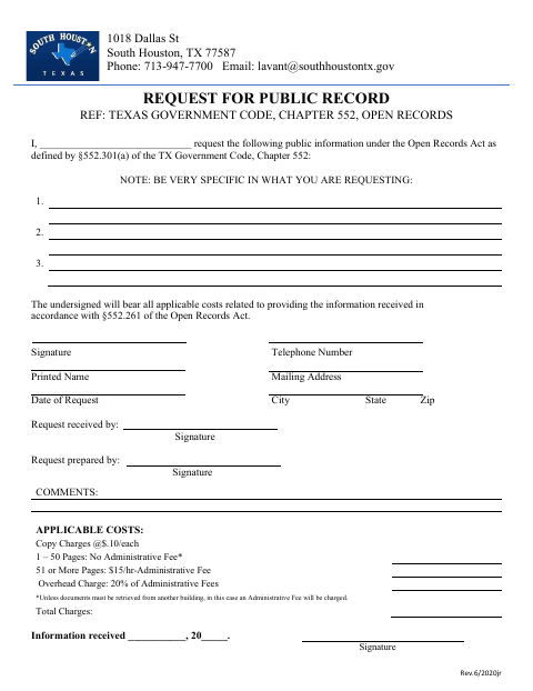 First page of the Request For Public Record