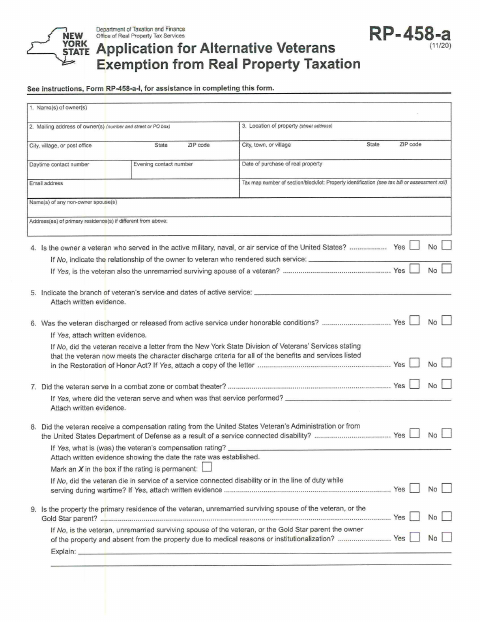 First page of the Application for Alternative Veterans Exemption from Real Property Taxation