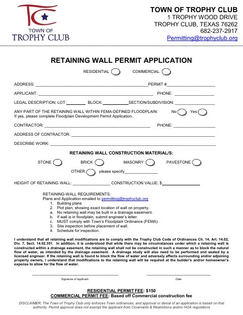 First page of the Retaining Wall Permit Application
