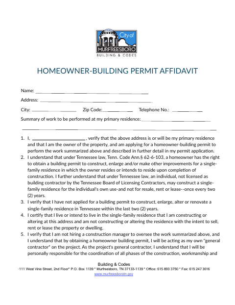 First page of the Homeowner Building Permit Affidavit