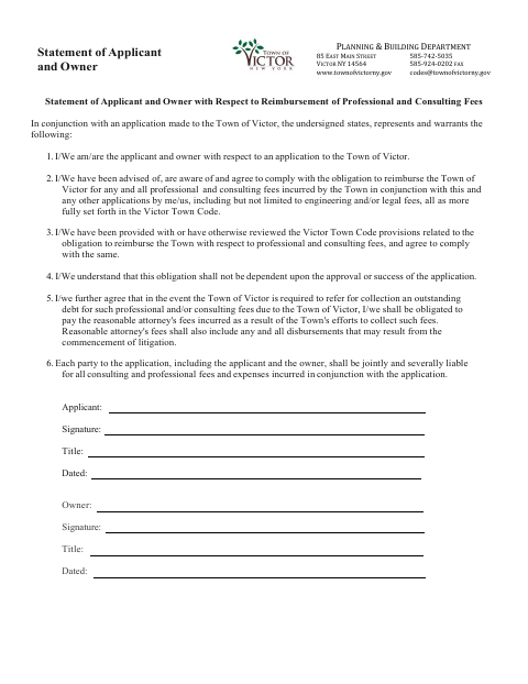 First page of the Statement of Applicant and Owner for Fee Reimbursement