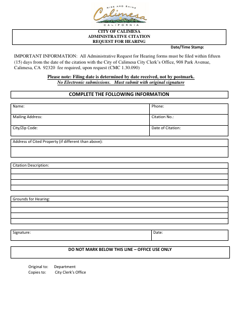 First page of the Administrative Citation Request for Hearing