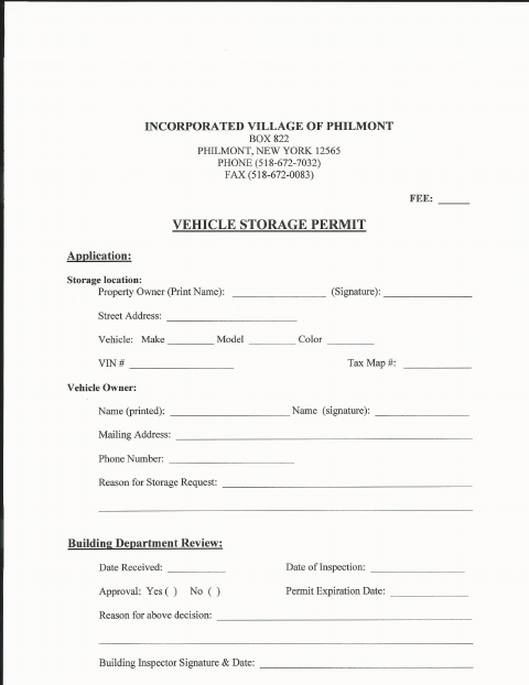 First page of the Vehicle Storage Permit Application