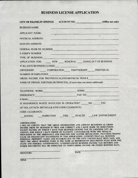 First page of the Business License Application Packet