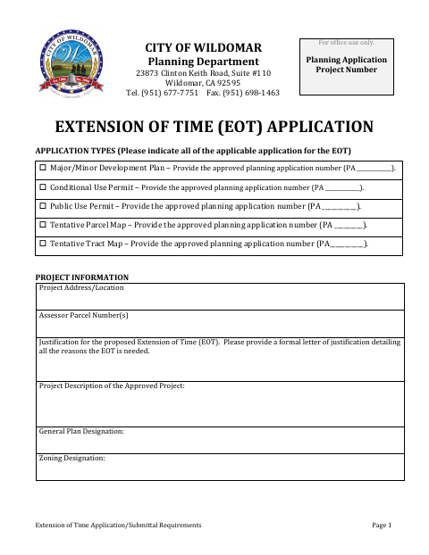 First page of the Extension of Time Application